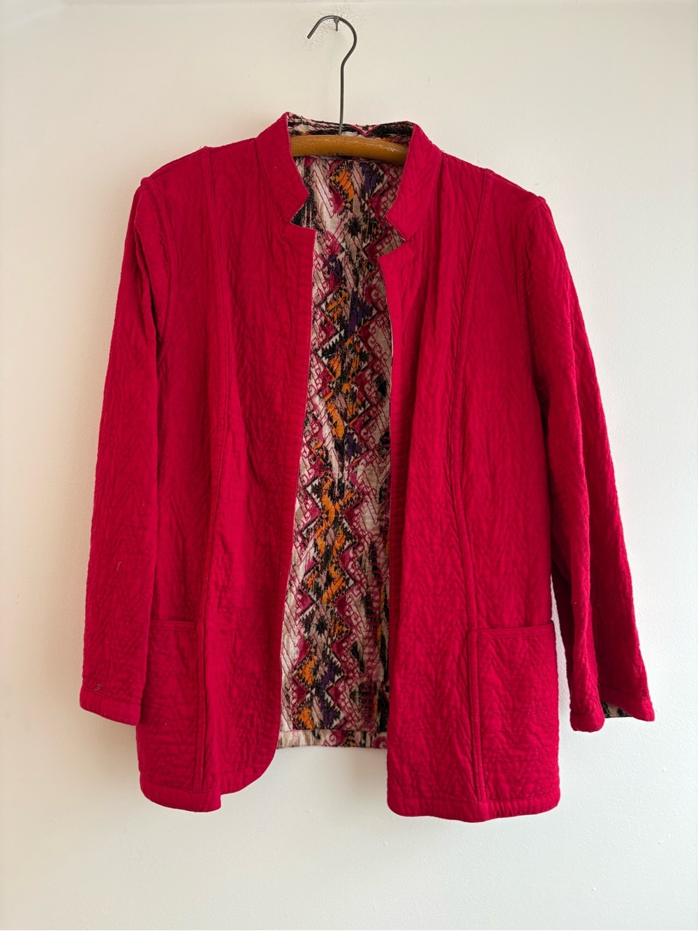Reversible Chico’s quilted jacket in magenta and southwestern print